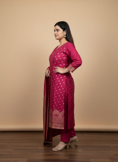 Rani Banarasi Silk Suit Set for Women- Kurta, Pant & Dupatta