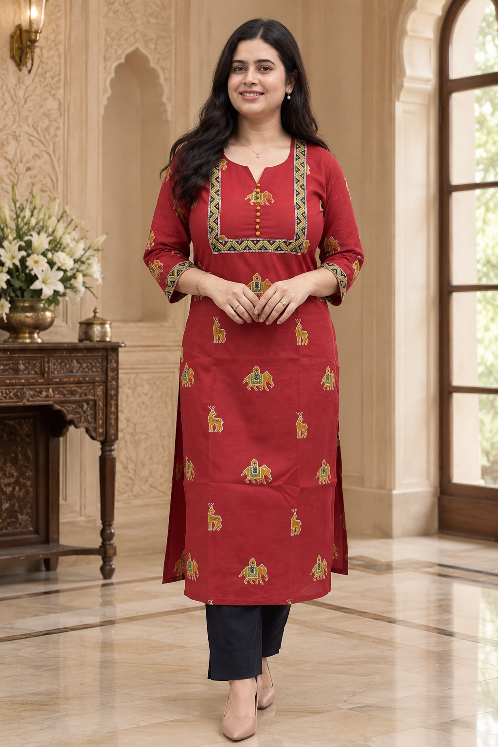 Madhubani Cotton kurta set for women red