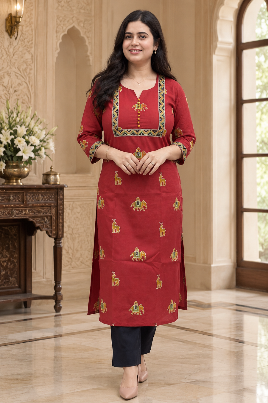 Madhubani Cotton kurta set for women red