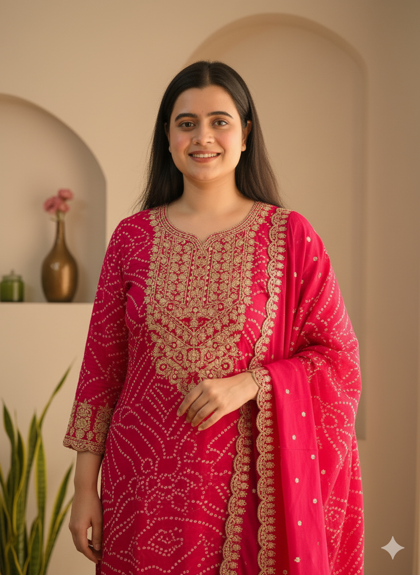 Maharani Handcrafted Bandhej  Embroidery Suit Set Pink