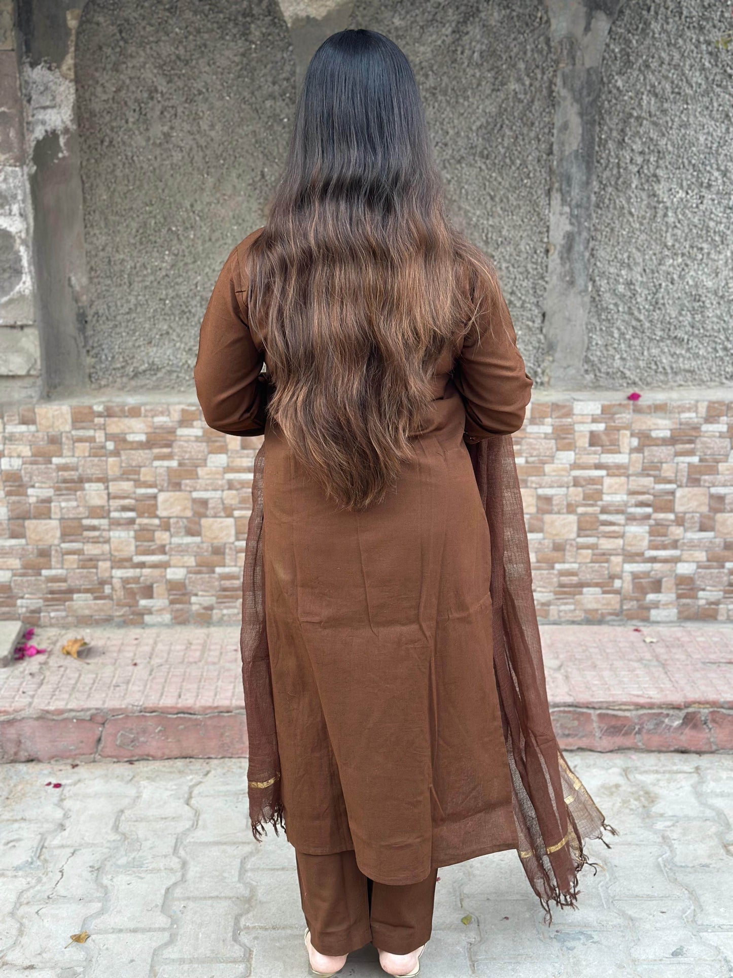 Brown cotton kurta set with dupatta - Vijay Laxmi