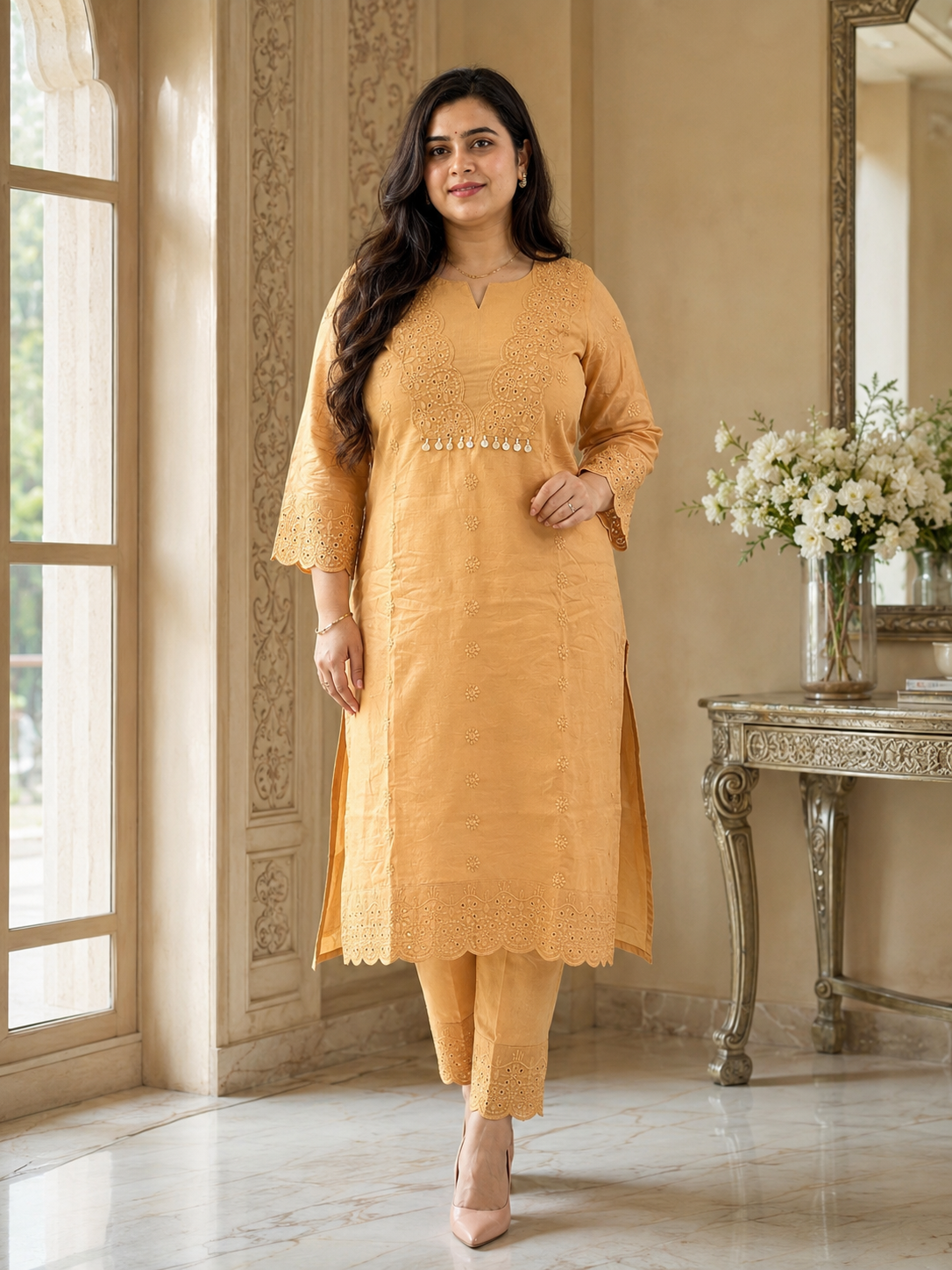 Mehar premium chikankari cotton Kurta & Pant with cotton lining orange