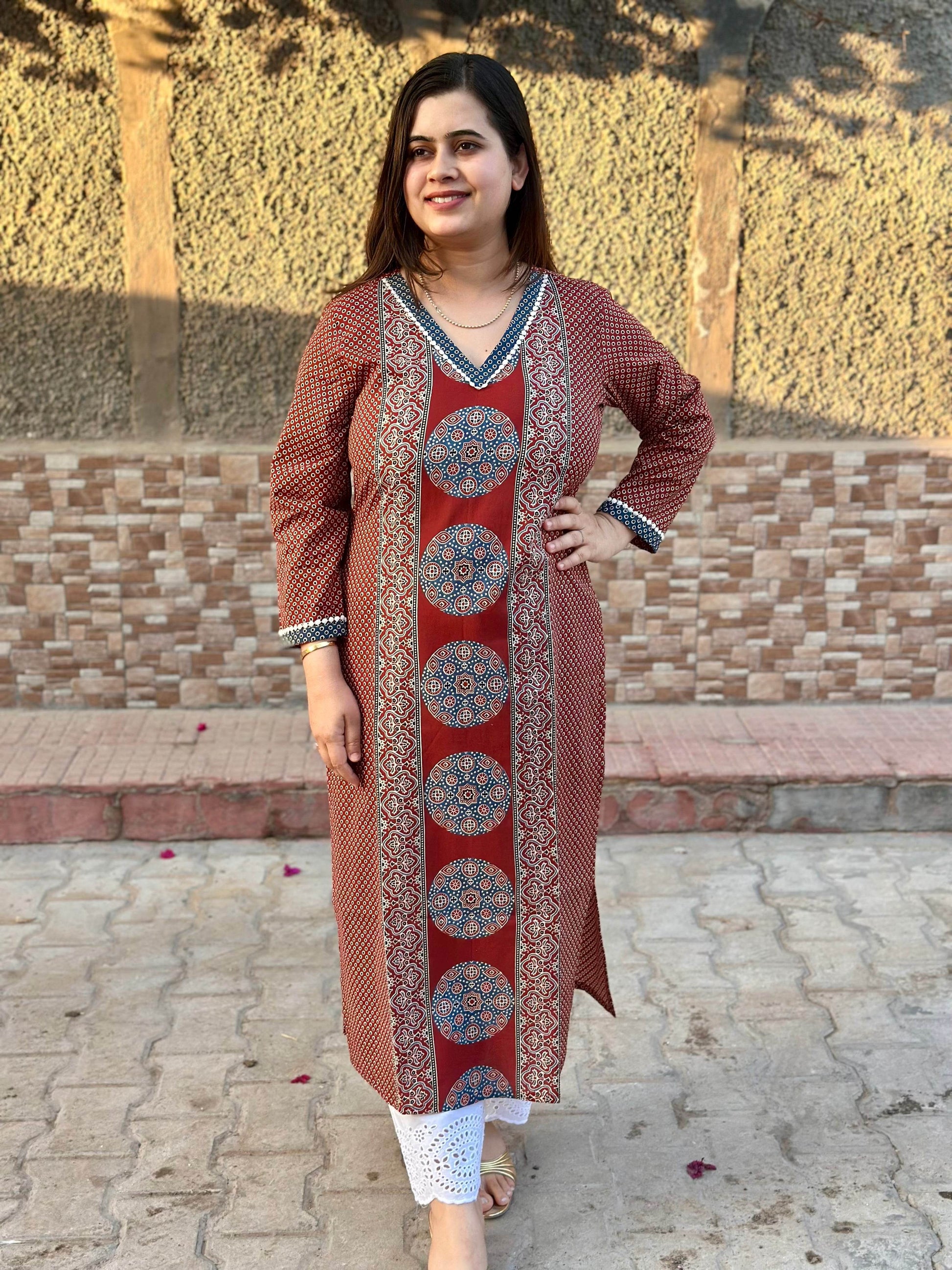 Airy Cotton Kurti for women ajrakh - Vijay Laxmi