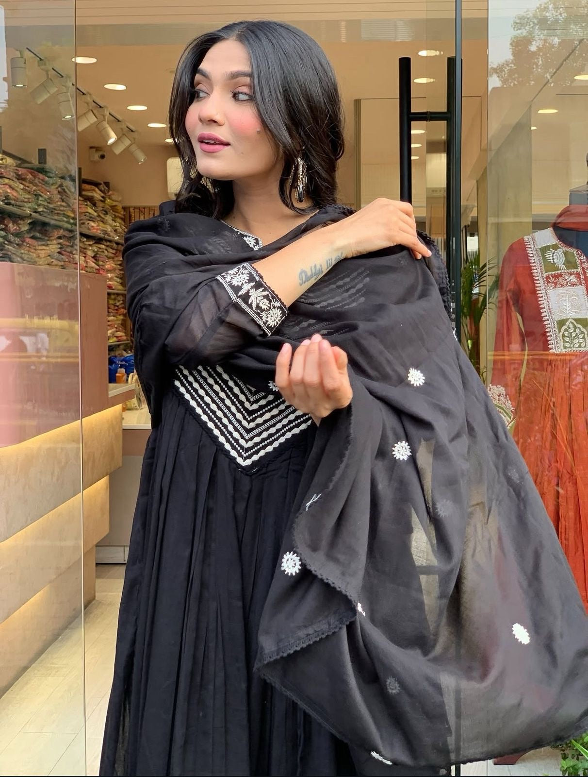 Premium Cotton Designer Thread Embroidered Anarkali Suit Set