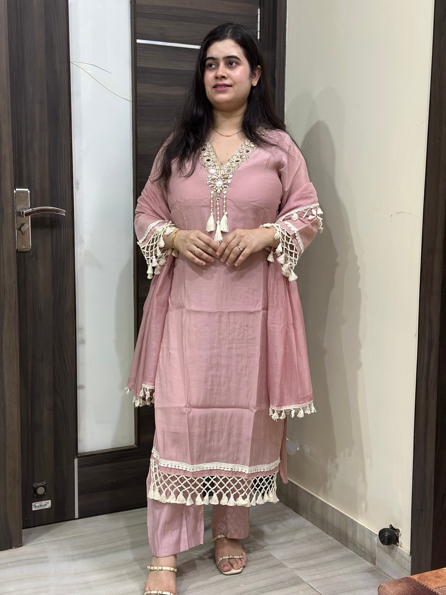 Anami festive Mul chanderi kurta set with silk dupatta pink