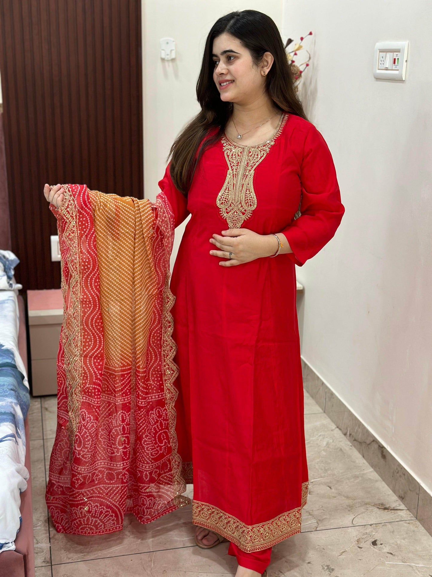 Soft Dola Silk Suit For Women Red - Vijay Laxmi