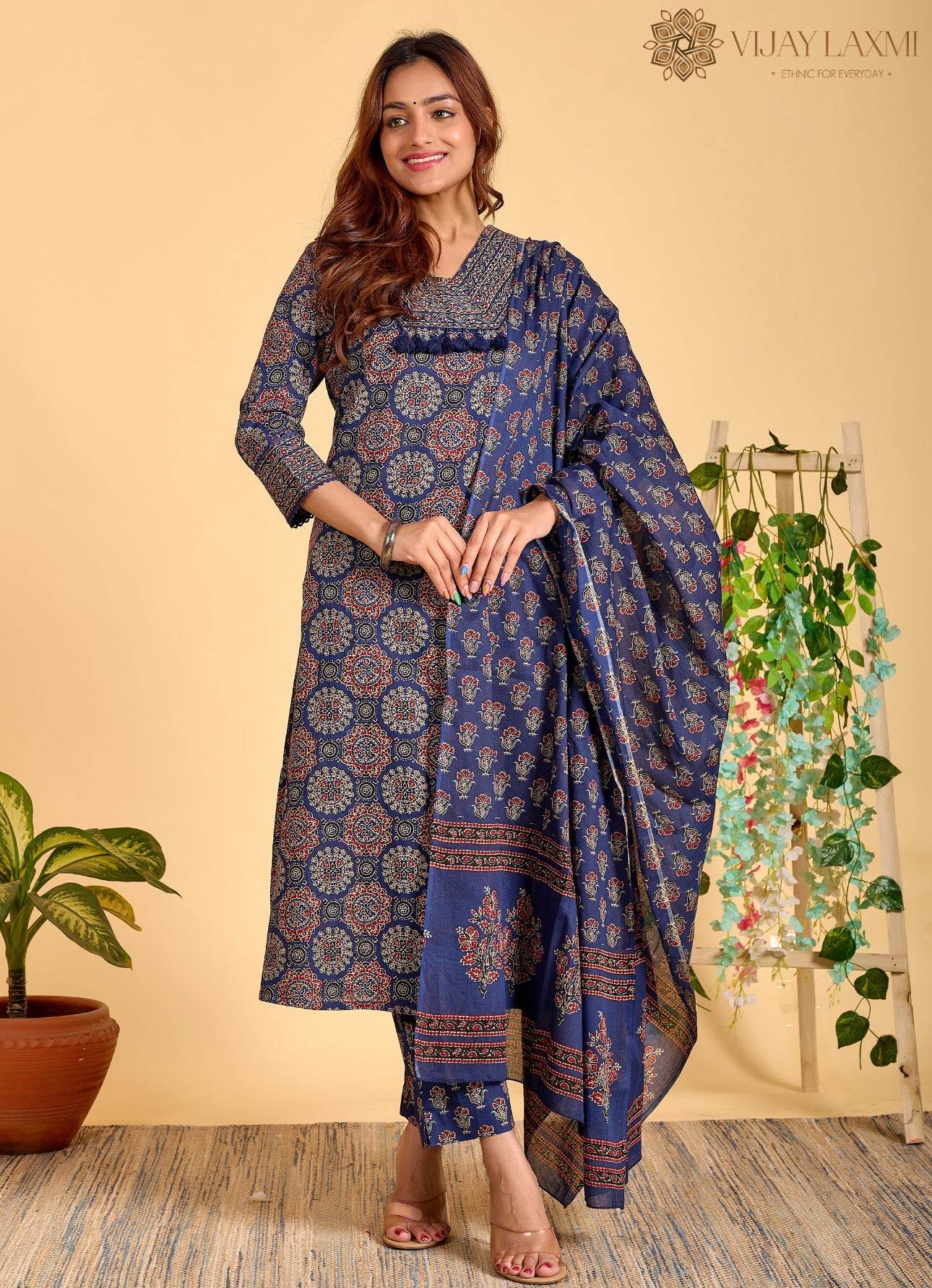 Ajrakh Printed Cotton Suit For Women - Vijay Laxmi