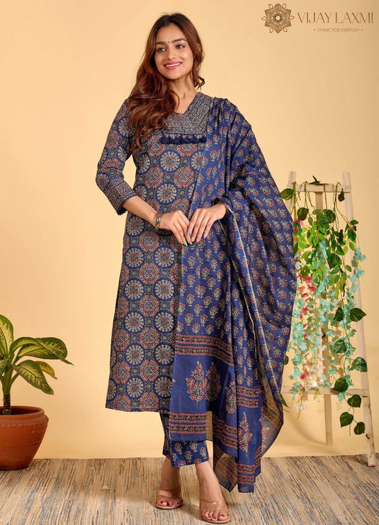 Ajrakh Printed Cotton Suit For Women - Vijay Laxmi