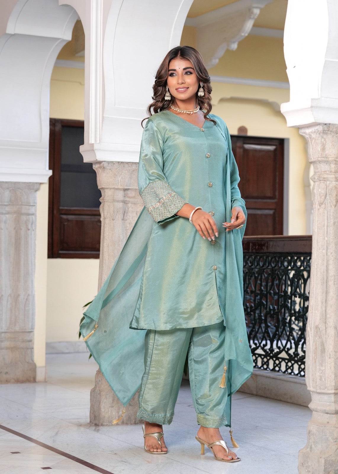 Shimmer Silk suit For Women Aqua - Vijay Laxmi