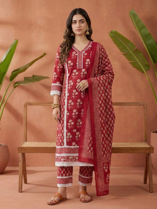 Aarohi Cotton Kurta Set with dupatta & pants Lacework - Red