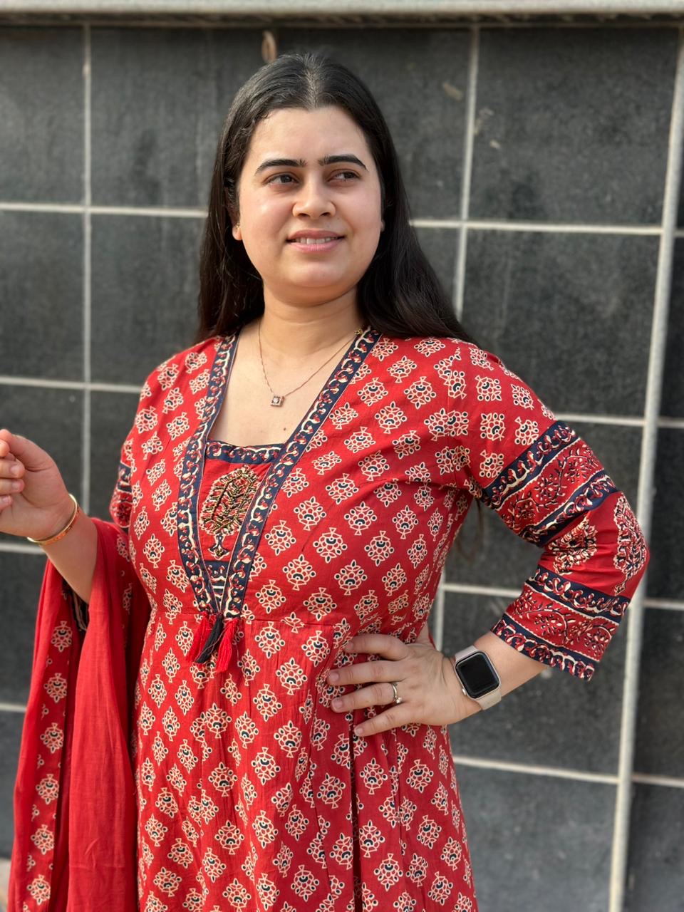 Aarohi Cotton Frock suit with dupatta & pants Red