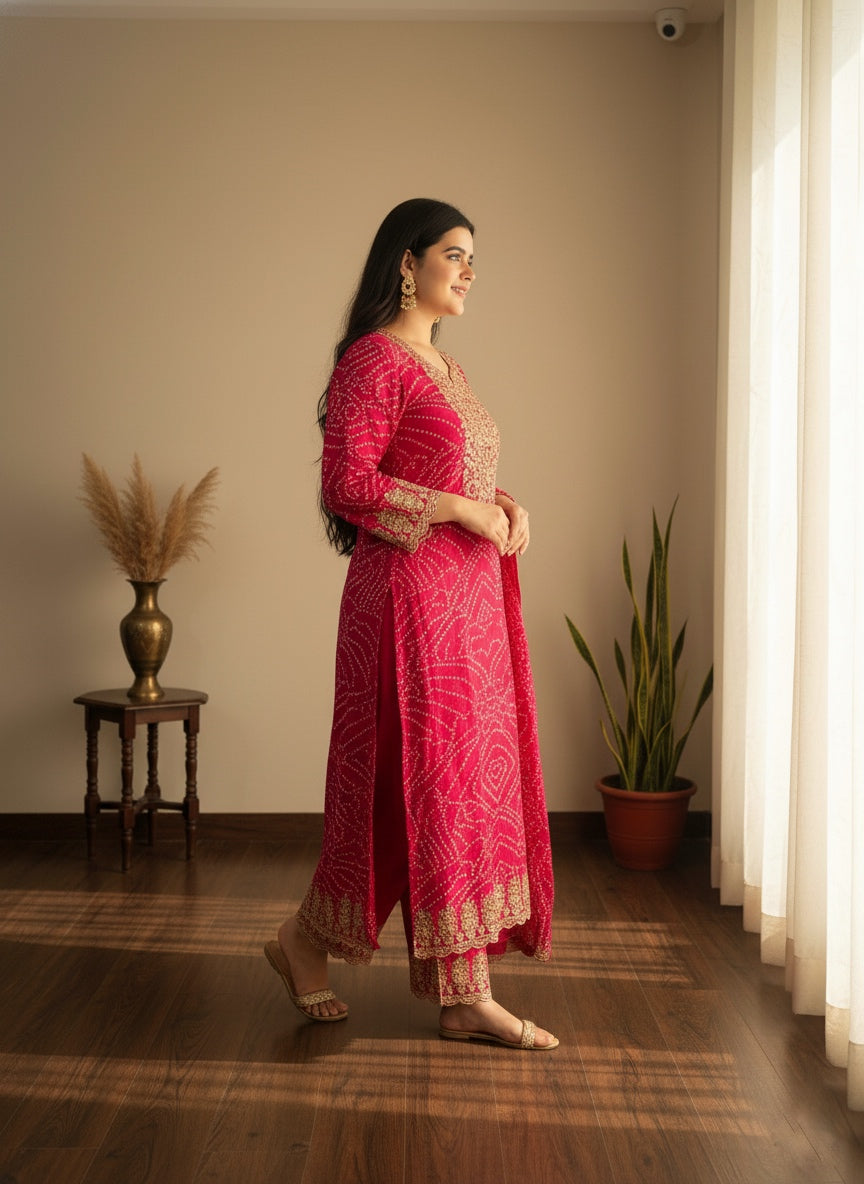 Maharani Handcrafted Bandhej  Embroidery Suit Set Pink