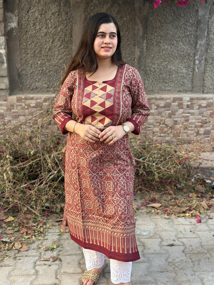 Airy Bagru Cotton Kurti for women rust - Vijay Laxmi