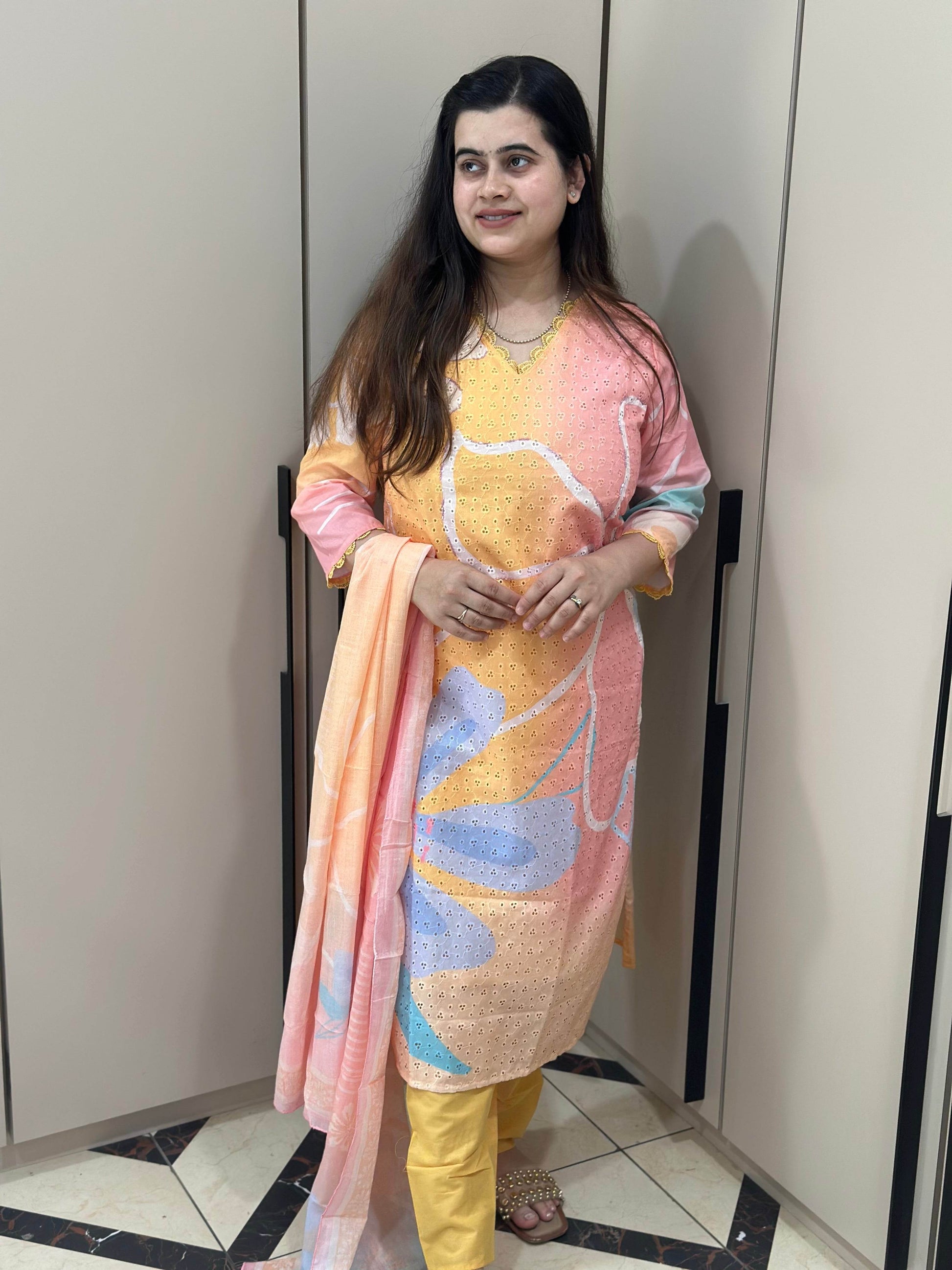 Cotton Chiffli kurta Set with dupatta - Vijay Laxmi