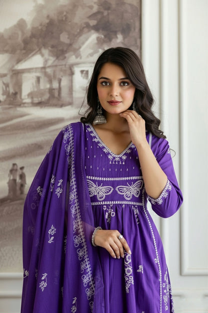 Floral Cotton Kurti Pant Dupatta Set – Thread & Lace Purple