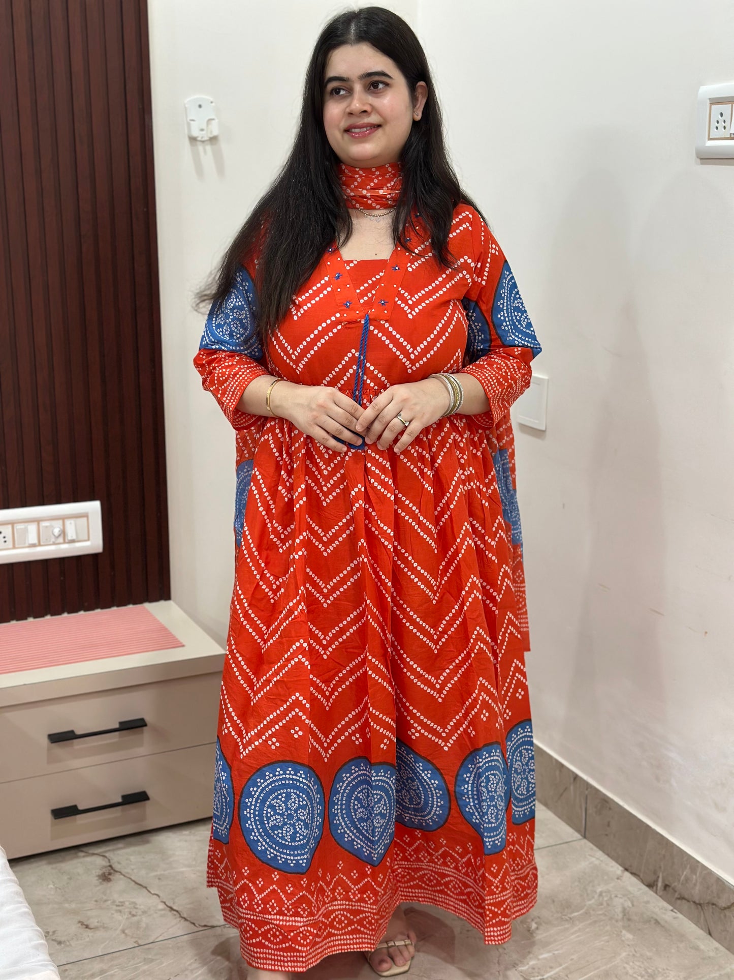 Gulzar Bandhani Anarkali Cotton kurta Set with dupatta Orange