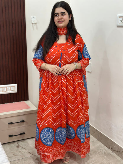 Gulzar Bandhani Anarkali Cotton kurta Set with dupatta Orange