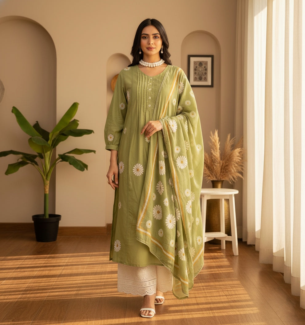 Phulaari Embroidered Cotton Kurti Pant Dupatta Set – Thread & Lace