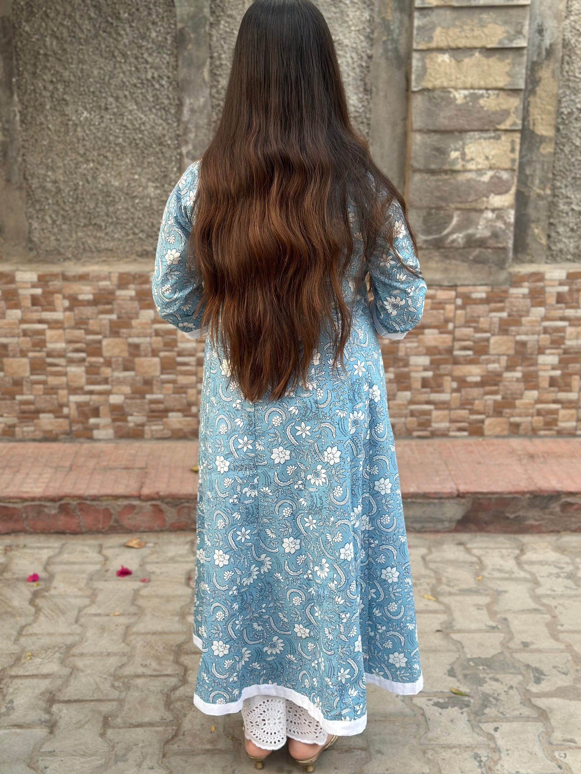 Airy cotton anarkali kurti for women blue - Vijay Laxmi