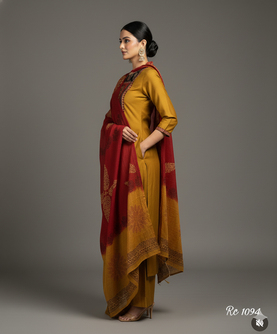 Mustard Arjakh Cotton Kurti Pant Dupatta Set – Thread & Lace