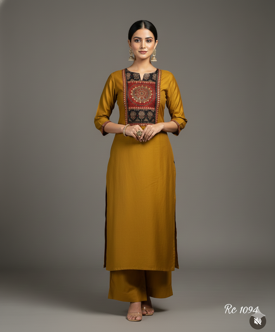 Mustard Arjakh Cotton Kurti Pant Dupatta Set – Thread & Lace