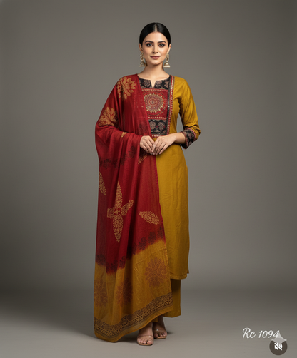 Mustard Arjakh Cotton Kurti Pant Dupatta Set – Thread & Lace