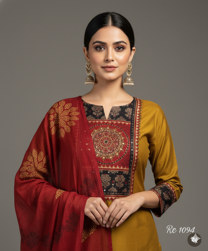 Mustard Arjakh Cotton Kurti Pant Dupatta Set – Thread & Lace