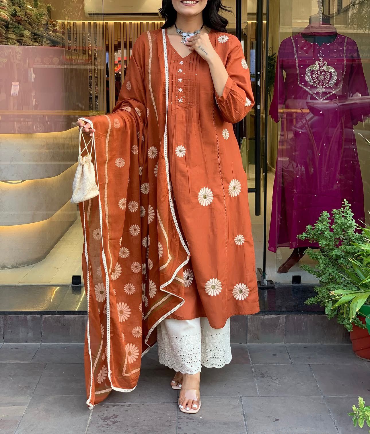 Phulaari Embroidered Cotton Kurti Pant Dupatta Set – Thread & Lace