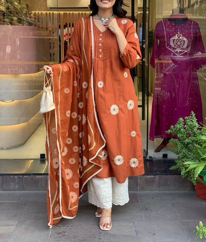 Phulaari Embroidered Cotton Kurti Pant Dupatta Set – Thread & Lace