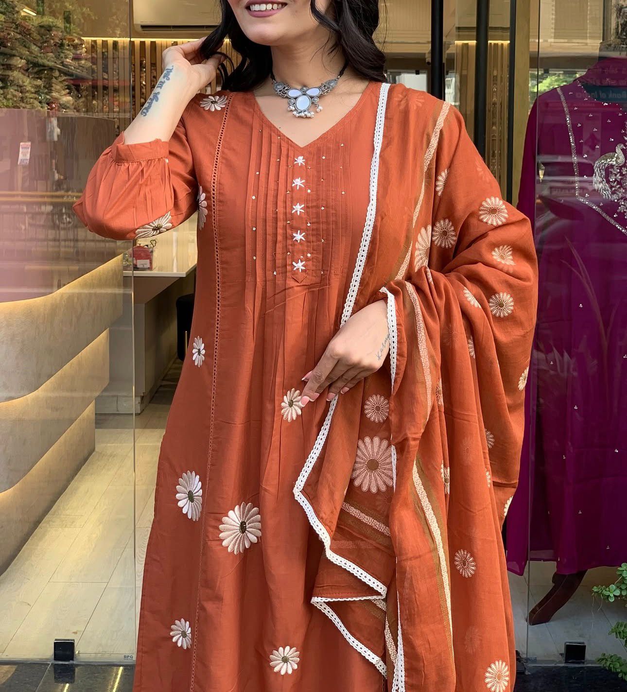 Phulaari Embroidered Cotton Kurti Pant Dupatta Set – Thread & Lace