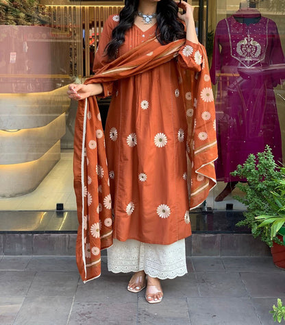 Phulaari Embroidered Cotton Kurti Pant Dupatta Set – Thread & Lace