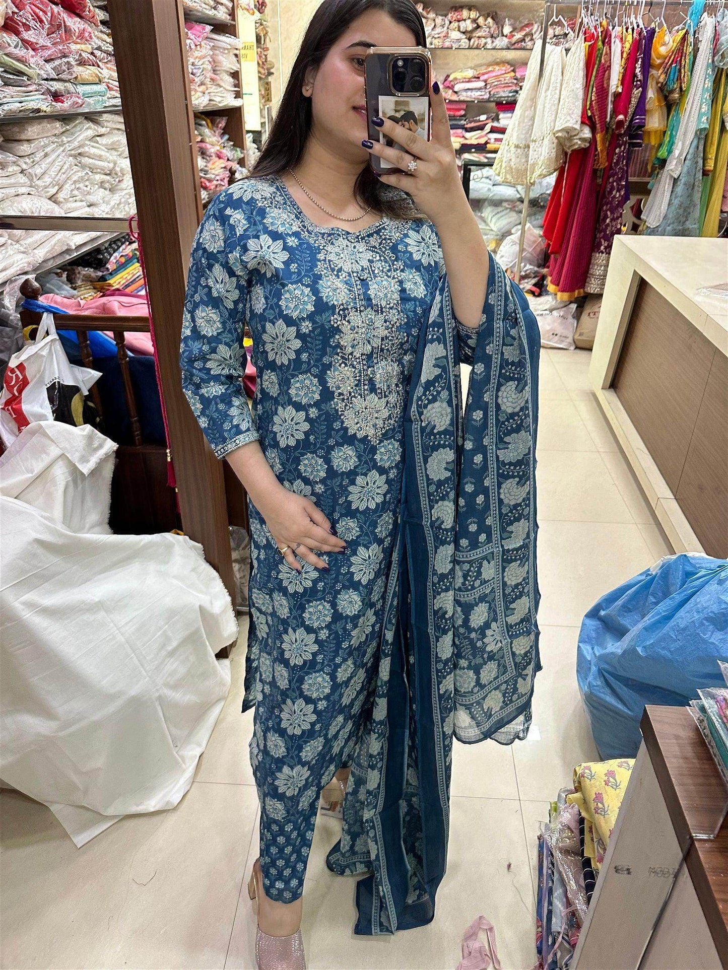 Indigo Print Cotton Suit - Vijay Laxmi