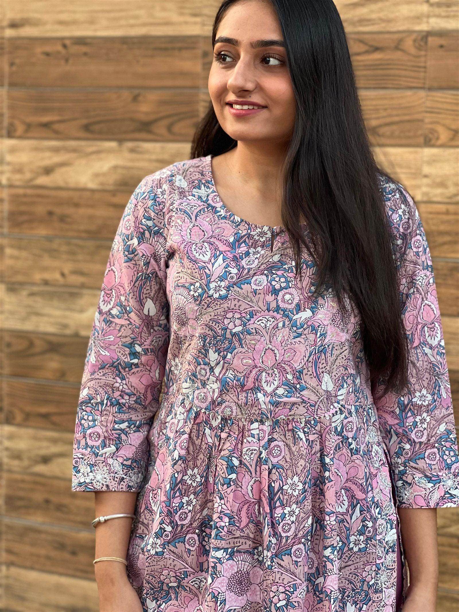 Pink Cotton Kurta Pant Set - Vijay Laxmi