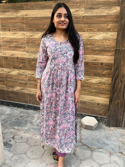 Pink Cotton Kurta Pant Set - Vijay Laxmi