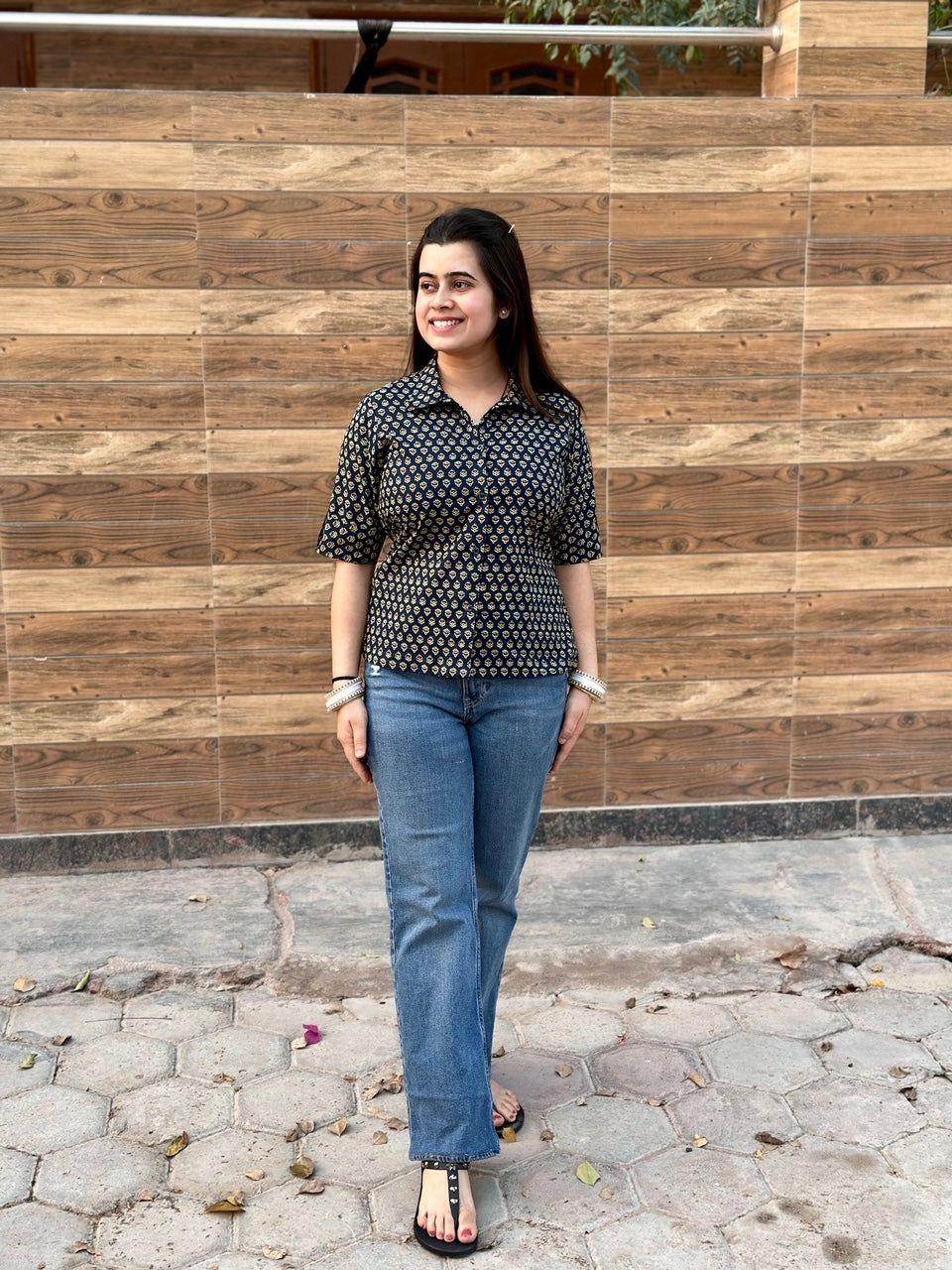 Printed Cotton Crop Shirt - Vijay Laxmi