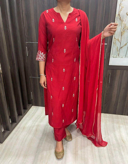 Pure red modal silk suit - Vijay Laxmi