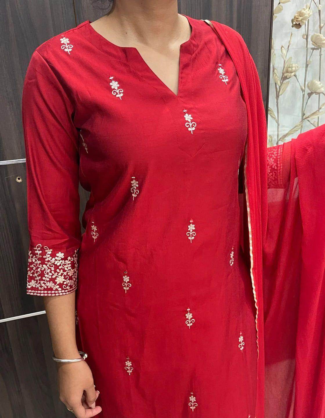 Pure red modal silk suit - Vijay Laxmi