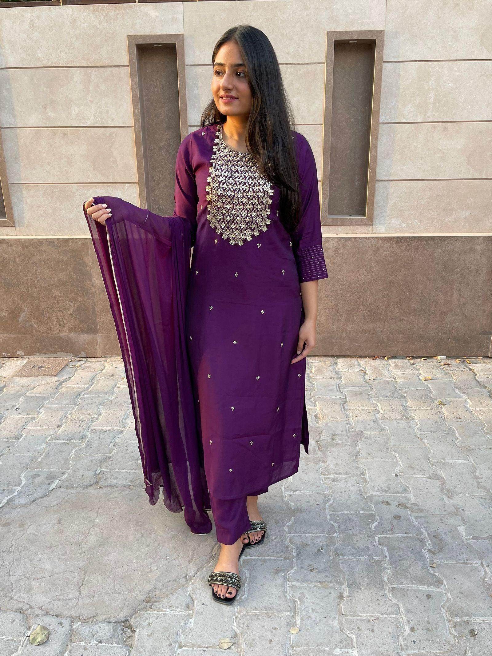 Purple modal silk suit - Vijay Laxmi