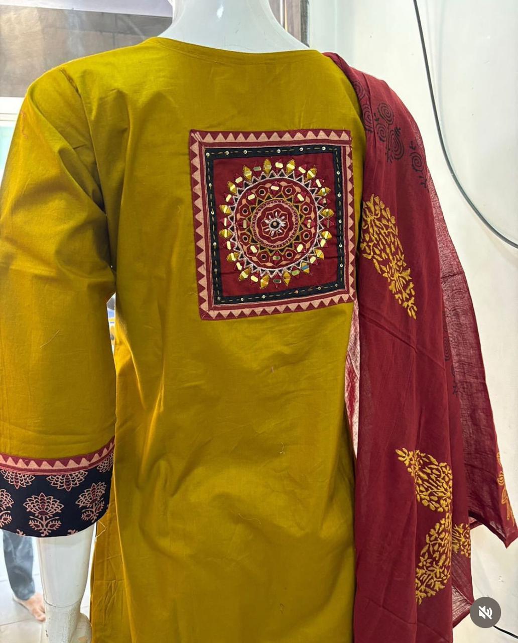 Mustard Arjakh Cotton Kurti Pant Dupatta Set – Thread & Lace