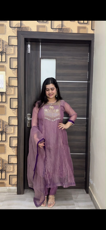 Nazara Mauve Tusser Silk Suit Set with Embroidered Neckline & Cotton Lining