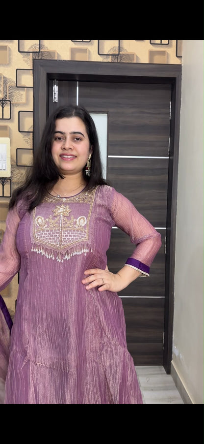 Nazara Mauve Tusser Silk Suit Set with Embroidered Neckline & Cotton Lining