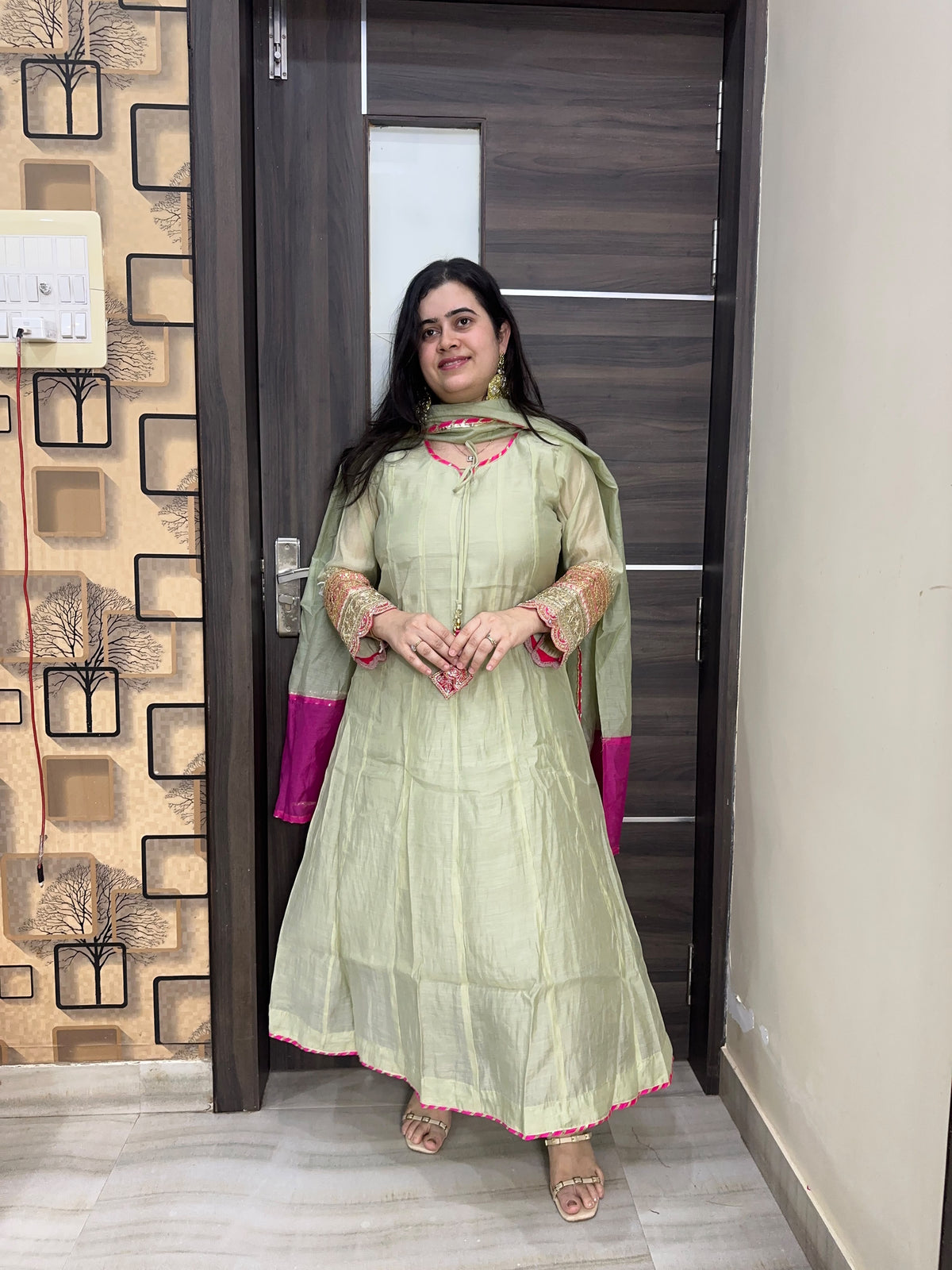 Nazara festive mul chanderi anarkali kurta set with pant & dupatta