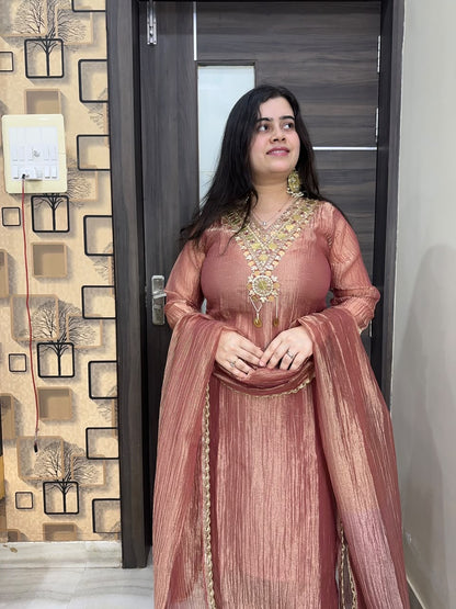 Nazara Dusty Rose Tusser Silk Embroidered Suit Set with Cotton Lining