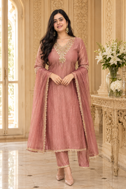 Nazara Dusty Rose Tusser Silk Embroidered Suit Set with Cotton Lining