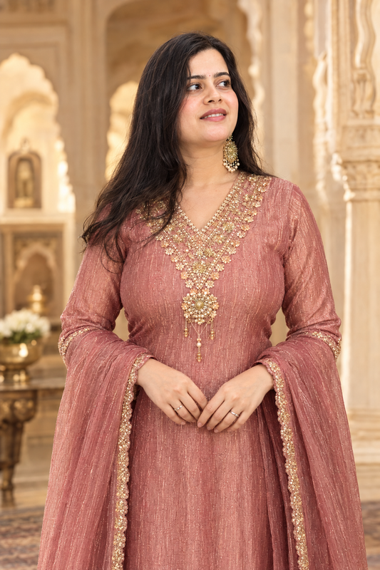 Nazara Dusty Rose Tusser Silk Embroidered Suit Set with Cotton Lining