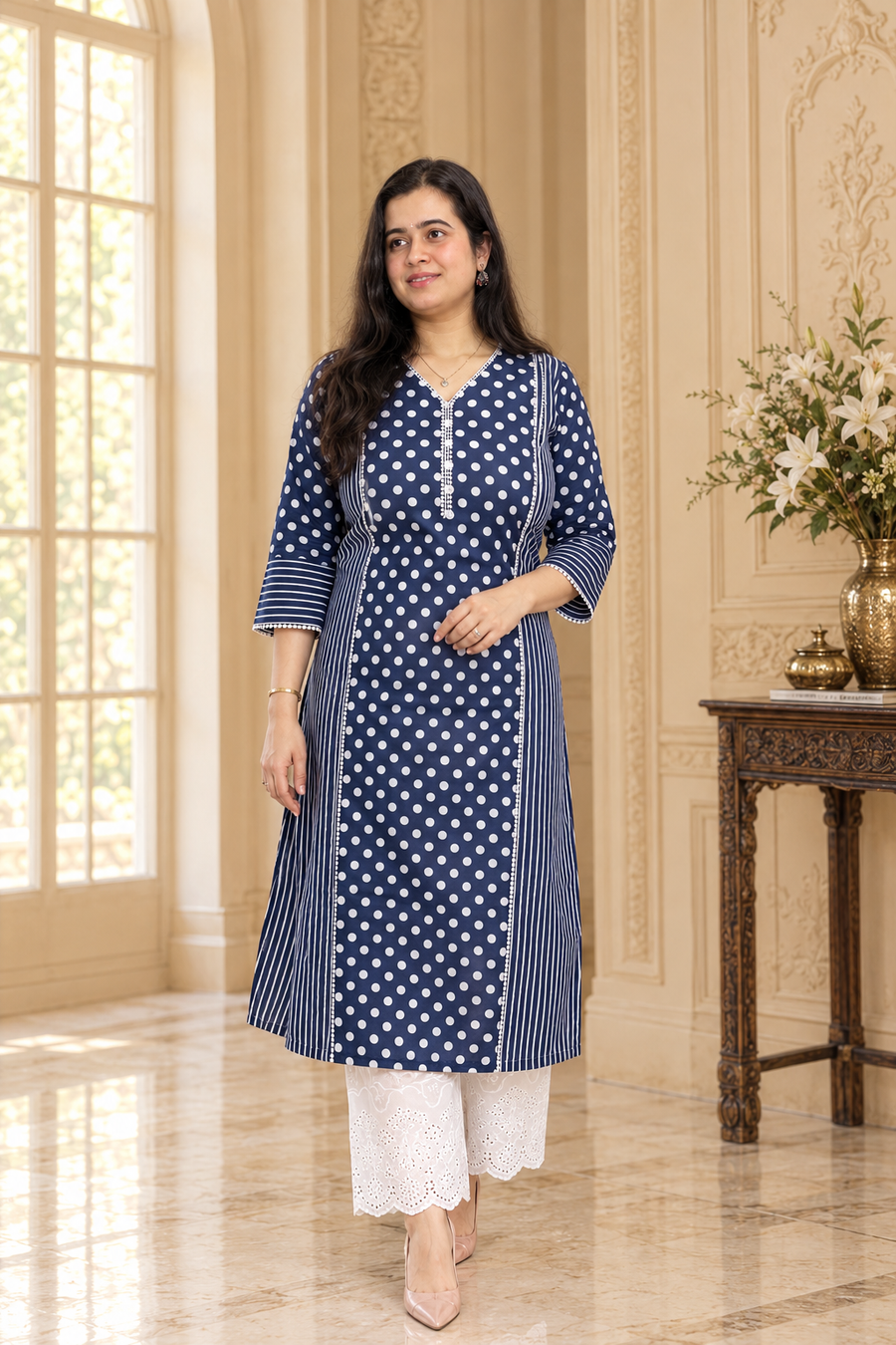 Navya pure cotton kurti for women polka blue