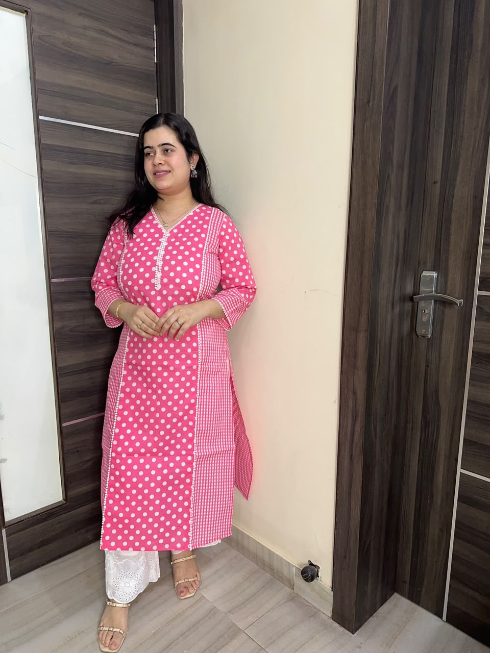 Navya pure cotton kurti for women polka pink