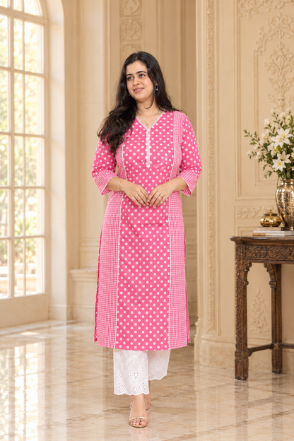 Navya pure cotton kurti for women polka pink