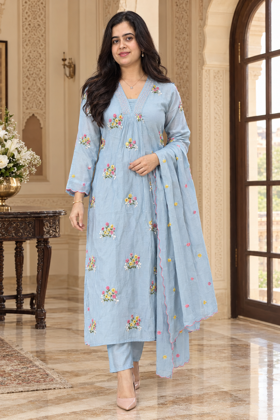 Neel Noor – Blue Mul Chanderi Embroidered Suit Set