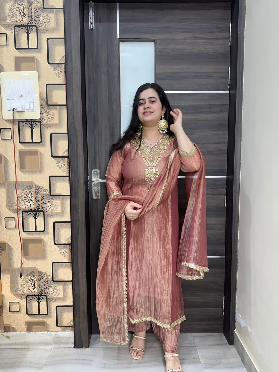 Nazara Dusty Rose Tusser Silk Embroidered Suit Set with Cotton Lining